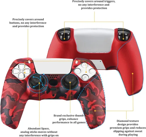 Vista 3 de YoRHa Funda de silicona con estampado tachonado para PS5 Dualsense Controller x 1 (rojo) con Pro Thumb Grips x 10