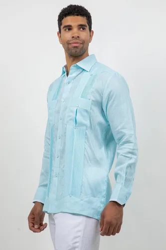 Vista 6 de Mojito - Guayabera de manga larga para hombre, 100% lino, panel de contraste y pliegues tonales Agua