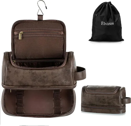 Vista 10 de Elviros - Neceser de aseo personal para hombre, organizador de viaje de cuero PU, con gancho para colgar, bolsas de afeitado para el baño de gran