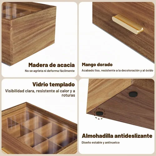 Vista 4 de Alsonerbay Acacia Wood Tea Bag Organizer, Tea Box with Drawer, Natural