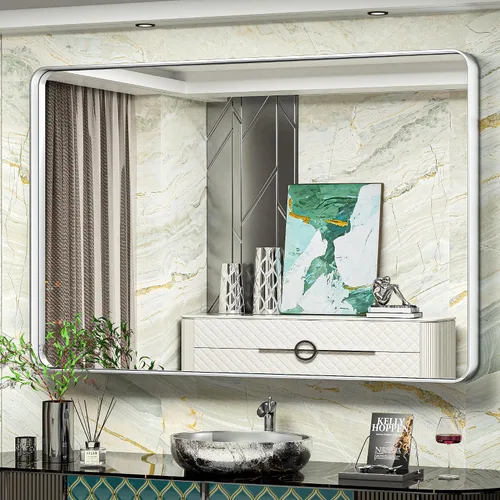 Vista 46 de TokeShimi Espejo de pared de baño de níquel cepillado de 20 x 30 pulgadas, marco de metal, esquina redonda, rectangular, para decoración del hogar
