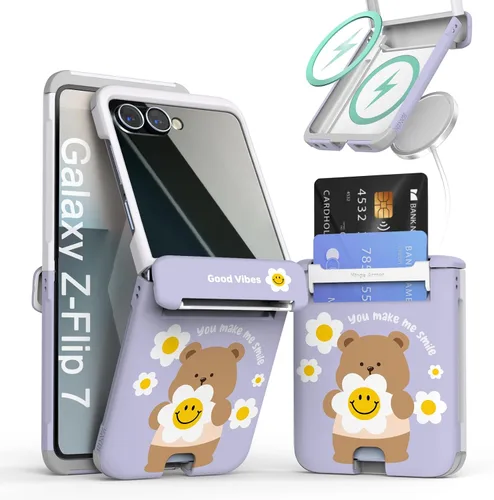 Vista 11 de para Galaxy Z Flip 5 Funda con 2 ranuras para tarjetas, funda rígida delgada y resistente con protección de bisagra, funda completa con protección