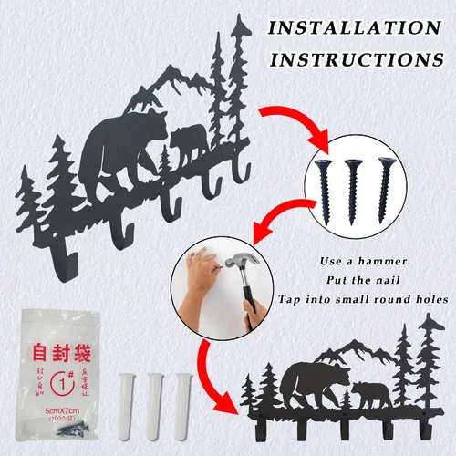 Vista 5 de Ganchos de Abrigo de Metal con Oso Arte de Pared Decorativo - Colgadores de Oso y Portallaves - Ganchos con Temática de Animales Decoración Dulce