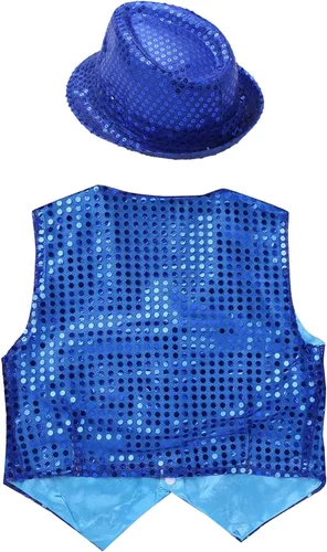 Vista 4 de Chaqueta de lentejuelas para niños y niñas, chaleco de hip-hop, baile de jazz, actuación, disfraz de Navidad con sombrero