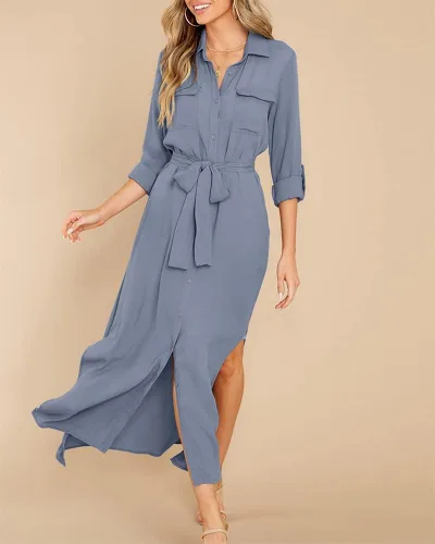 Vista 4 de Fekermia Vestido de camisa con botones para mujer, vestido de manga larga enrollable, con cinturón, con bolsillos