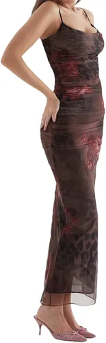 Vista 4 de Vestido largo de verano para mujer, con tirantes delgados, floral, Y2K, sexy, sin espalda, con abertura, corte bajo, ajustado, vestido midi