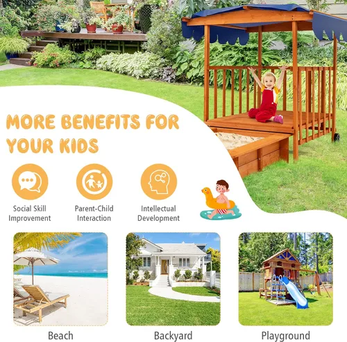 Vista 5 de HONEY JOY Caja de arena 3 en 1 para niños con casa de juegos y toldo, madera de cedro sin fondo para patio trasero con ruedas, barandillas