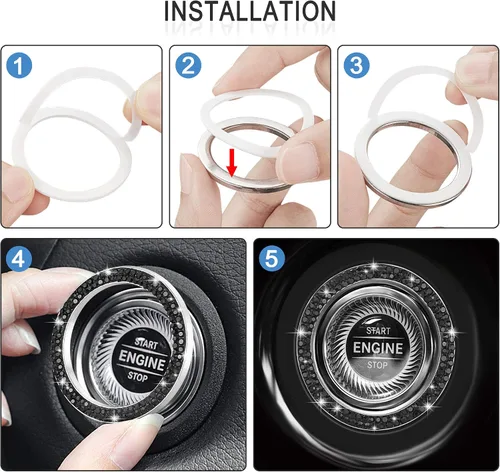 Vista 7 de WINKA 4 tapones para válvula de neumático de automóvil con diamantes de imitación, 1 cubierta de botón de motor de automóvil, anillo de encendido