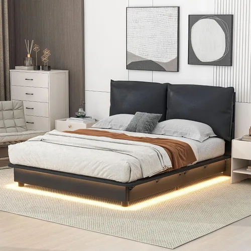 Vista 14 de Cama de plataforma flotante, marco de cama de madera tamaño individual con rayas claras, tela de lino suave y cabecera de diseño capitoné