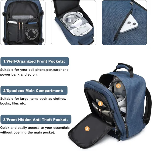Vista 3 de Kono Mochila de transporte, mochila de viaje aprobada por aerolíneas, mochila impermeable debajo del asiento para vuelo, marino, Mochila casual