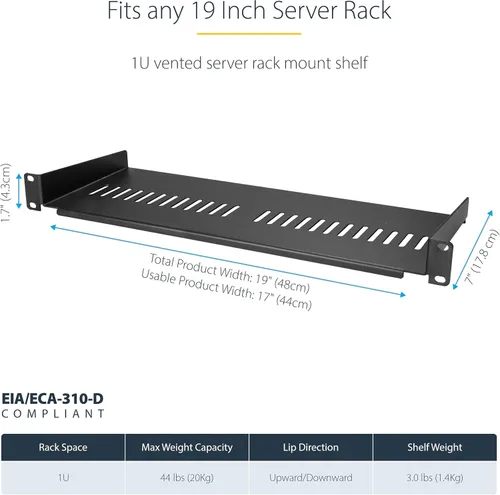 Vista 3 de StarTech.com Estante de bastidor de servidor de 1U - Bandeja universal con ventilación en voladizo para bastidor de 19" para equipos de red