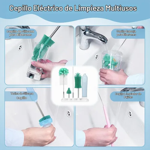 Vista 3 de Limpiador eléctrico de cepillo de botellas con soporte, limpiador automático recargable de botellas de agua con mango de extensión de acero