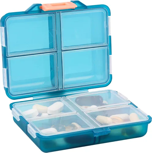Vista 10 de Organizador de píldoras de viaje pequeño con 8 compartimentos en rejilla - Estuche porta medicamentos portátil - Organizador de medicación diario
