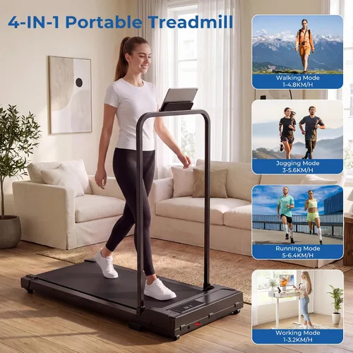Vista 5 de Walking Pad, Treadmill with Handle Bar Foldable Treadmills for Home Indoor Under Desk Portable Compact Electric Walk Pads Small Spaces Office Negro
