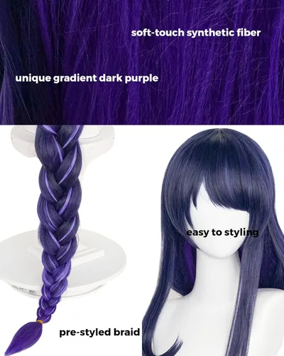 Vista 6 de Half and Half Raiden Shogun - Peluca larga para cosplay, color morado oscuro, degradado, pelucas trenzadas de anime con flequillo, cabello sintético