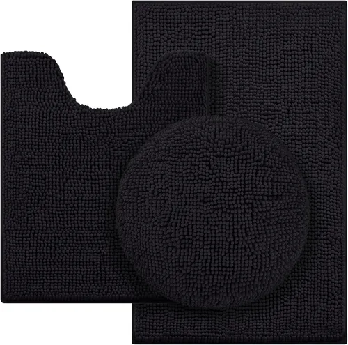 Vista 13 de HOMEIDEAS Juego de alfombras de baño negras de 3 piezas, alfombras y tapetes de felpilla de mantequilla, peludos, absorbentes, antideslizantes