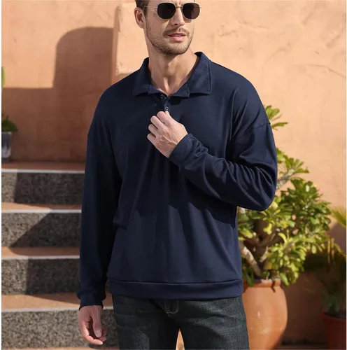 Vista 4 de Opomelo Men's Long Sleeve Solid Polo Shirts -Fashion Casual Golf Shirt Collared T Shirts