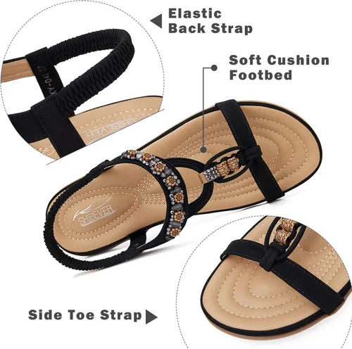 Vista 3 de SHIBEVER Sandalias de verano para mujer, sandalias planas bohemias con correa elástica, sandalias elegantes