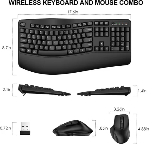 Vista 8 de Combo de teclado y mouse inalámbricos, teclado ergonómico de tamaño completo 2.4G con diseño de teclas onduladas y reposamuñecas, mouse ergonómico