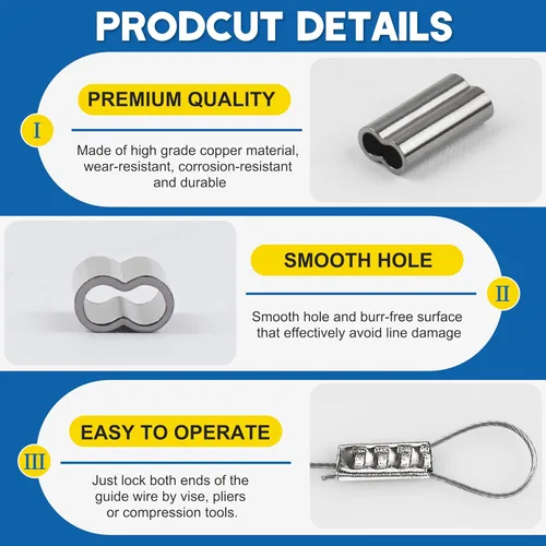 Vista 3 de SILANON Fishing Crimp Sleeves Kit, Double Barrel Fishing Line Crimp Sleeves Brass Copper Crimping Loop Sleeves Tube Connector Wire Leader Rigging