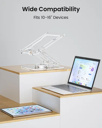 Vista 7 de Soporte para computadora portátil para escritorio, elevador acrílico transparente ajustable y plegable con base giratoria de 360°, soporte