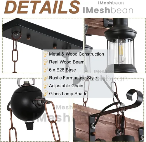 Vista 3 de iMeshbean Candelabro rústico de granja para comedor, cocina, isla, luces colgantes de madera industrial, lámpara de techo para sala de juegos, bar