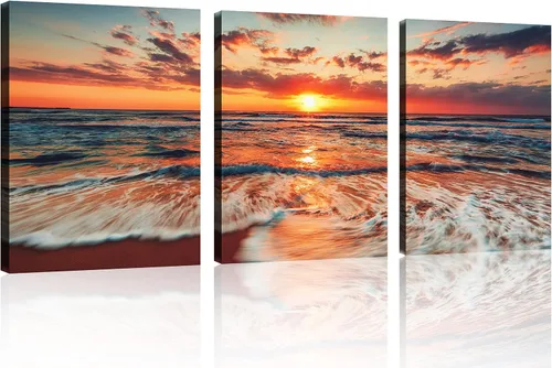 Vista 73 de TutuBeer 3 paneles de fotos de playa, arte de pared, diseño de mar azul, playa blanca al amanecer, imágenes impresas en lienzo, imágenes del océano