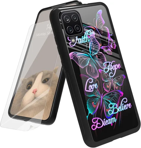 Vista 53 de Funda para Samsung Galaxy A12 5G con protector de pantalla, parte trasera de vidrio templado + TPU de silicona suave que absorbe los golpes
