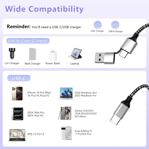 Vista 2 de Cable de carga largo USB-C 3 en 1 para iPhone 15/16, 3M/10 pies, 60 W, USB-C+USB-A a tipo C, cable de carga de datos trenzado de nailon para Apple