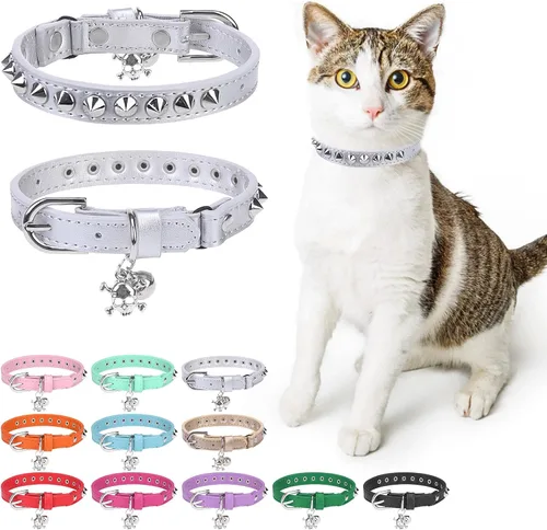 Vista 23 de Collares de cuero DILLYBUD para gatos macho y hembra con campana y cinturón elástico de seguridad, collar ajustable con hebilla de seguridad