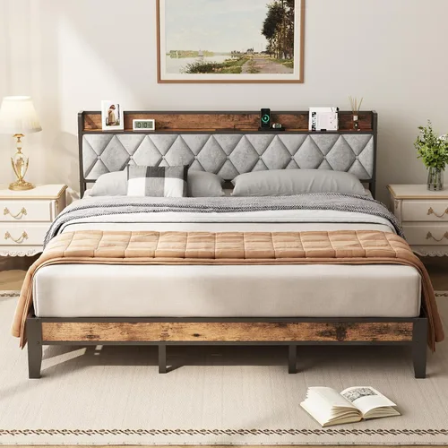 Vista 8 de Sweetcrispy Base de cama individual con cabecera tapizada, cabecera de almacenamiento con estación de carga USB, soporte de listones de metal