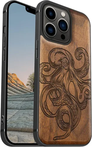 Vista 13 de Carveit Funda magnética de madera para iPhone 13 Mini [madera natural y TPU suave negro] funda protectora de madera única y elegante a prueba