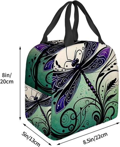 Vista 2 de OOZ Lonchera térmica para mujeres y hombres, para el trabajo, linda libélula en negro y morado, reutilizable, a prueba de fugas, para adultos, bolsa