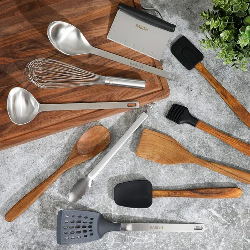 Vista 2 de Babish Juego de herramientas esenciales de madera de teca, silicona y acero inoxidable de 11 piezas