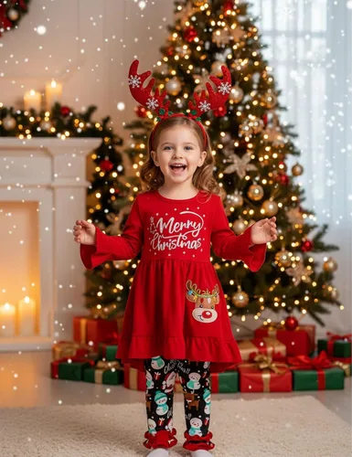 Vista 3 de Conjunto de 3 piezas de pantalones de Navidad para niñas pequeñas, diseño de ciervo y manga larga, regalos de Navidad para niñas