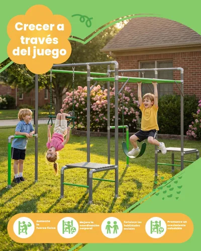 Vista 6 de Gimnasio de la Jungla al Aire Libre con Marco de Barras para Monos, Set de Escalada, Barra de Trapecio, Columpio de Cinturón, Barras de Gimnasia
