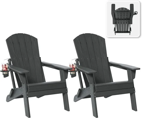 Vista 10 de Silla plegable Adirondack con soporte para tazas, de plástico HDPE resistente a todo tipo de clima, sillas de patio al aire libre con reposapiés