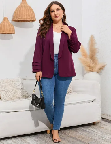 Vista 6 de ShopWonder Blazer casual con bolsillos para mujer, talla grande, para oficina, frente abierto, manga 34, cárdigans, chaqueta de trabajo