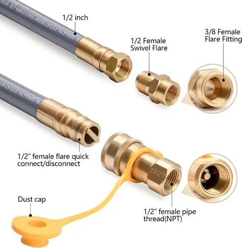 Vista 2 de GasSaf Manguera de Gas Natural de 10 Pies con DI de 1/2", con Accesorio de Conexión Rápida, Kit de Conversión para Parrilla de Gas, Generador