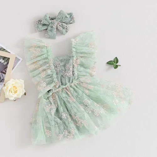 Vista 4 de Ursobutegl Mameluco de princesa para bebé recién nacida, vestido de malla bordado, elegante, tutú con falda, overol para cumpleaños