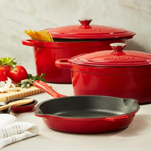 Vista 3 de BergHOFF Olla de hierro fundido Neo con tapa, color rojo, 7 cuartos de galón.
