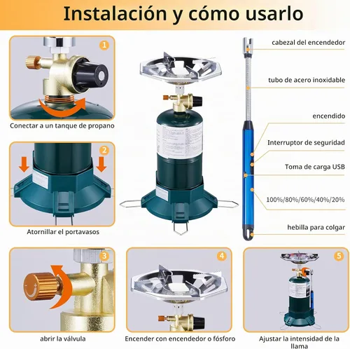 Vista 4 de Estufa de camping de propano 10000BTU con cable USB de llama ajustable para camiseta sin mangas Botella de gas portátil con quemador de propano