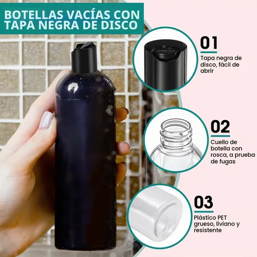 Vista 4 de 3 botellas de viaje recargables de plástico transparente de 16 onzas con tapas superiores de disco negro Squeeze Empty Shampoo Bottles, For
