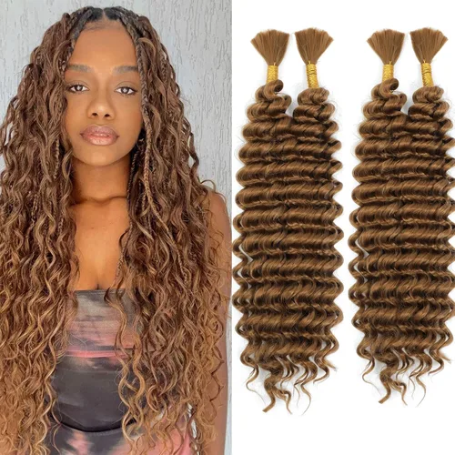 Vista 12 de Mezcla de cabello humano para trenzar, cabello sintético rizado bohemio para trenzar, trenzas bohemias de 16 pulgadas, 4 paquetes de 110g/paquete