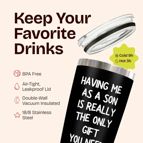 Vista 6 de Regalos de cumpleaños para mamá de hijo – Having Me As a Son Is the Only Gift You Need - Vaso aislado negro de 20 onzas, regalo para la mejor mamá