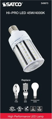 Vista 6 de Satco S49673 - Bombilla LED HID de mazorca de maíz, base extendida Mogul, 45 W, clasificación de 35000 horas, 6165 L, blanco frío 6,165 lumens