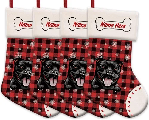 Vista 26 de Foto personalizada, Feliz Navidad, búfalo rojo, a cuadros, feliz perro, calcetín de Navidad, copo de nieve, decoración de vacaciones, calcetín