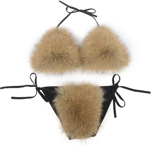 Vista 32 de ZOSCGJMY Conjunto de bikini de dos piezas de piel sintética para mujer Beige