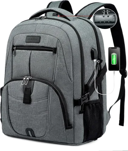 Vista 11 de Mochila grande de viaje y para laptop, es impermeable, antirrobo, con cerradura y puerto de carga USB, para negocios, hombres, mujeres, escuela