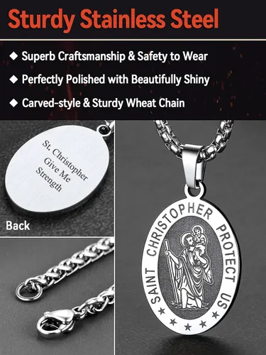 Vista 5 de FaithHeart Collar con colgante de San Cristóbal para hombres y mujeres, de acero inoxidable, amuleto católico, joyería personalizada con embalaje